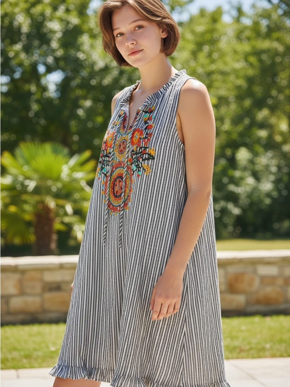 THML Embroidered Striped Boho Swing Midi Dress Size L